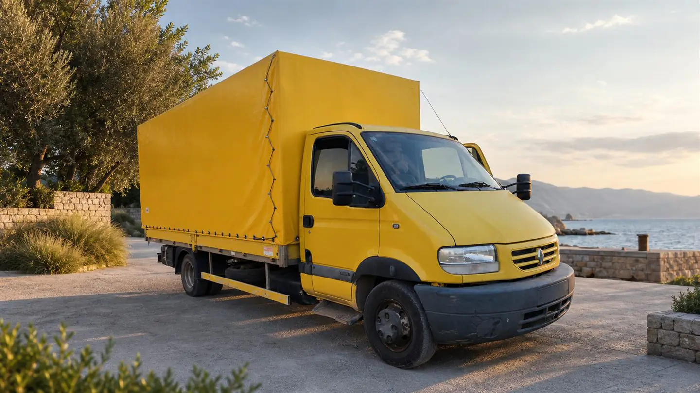 Žuti Renault Mascott 130 kamion s ceradom tvrtke NISMAR